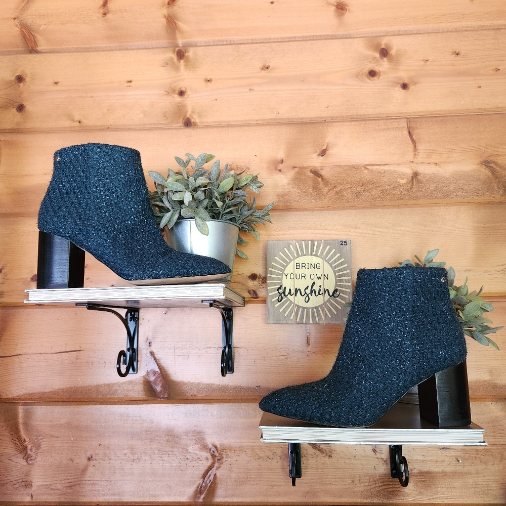 Kate Spade Giselle Green Metallic Tweed Heeled Ankle Booties Point Toe Sz 8.5 B